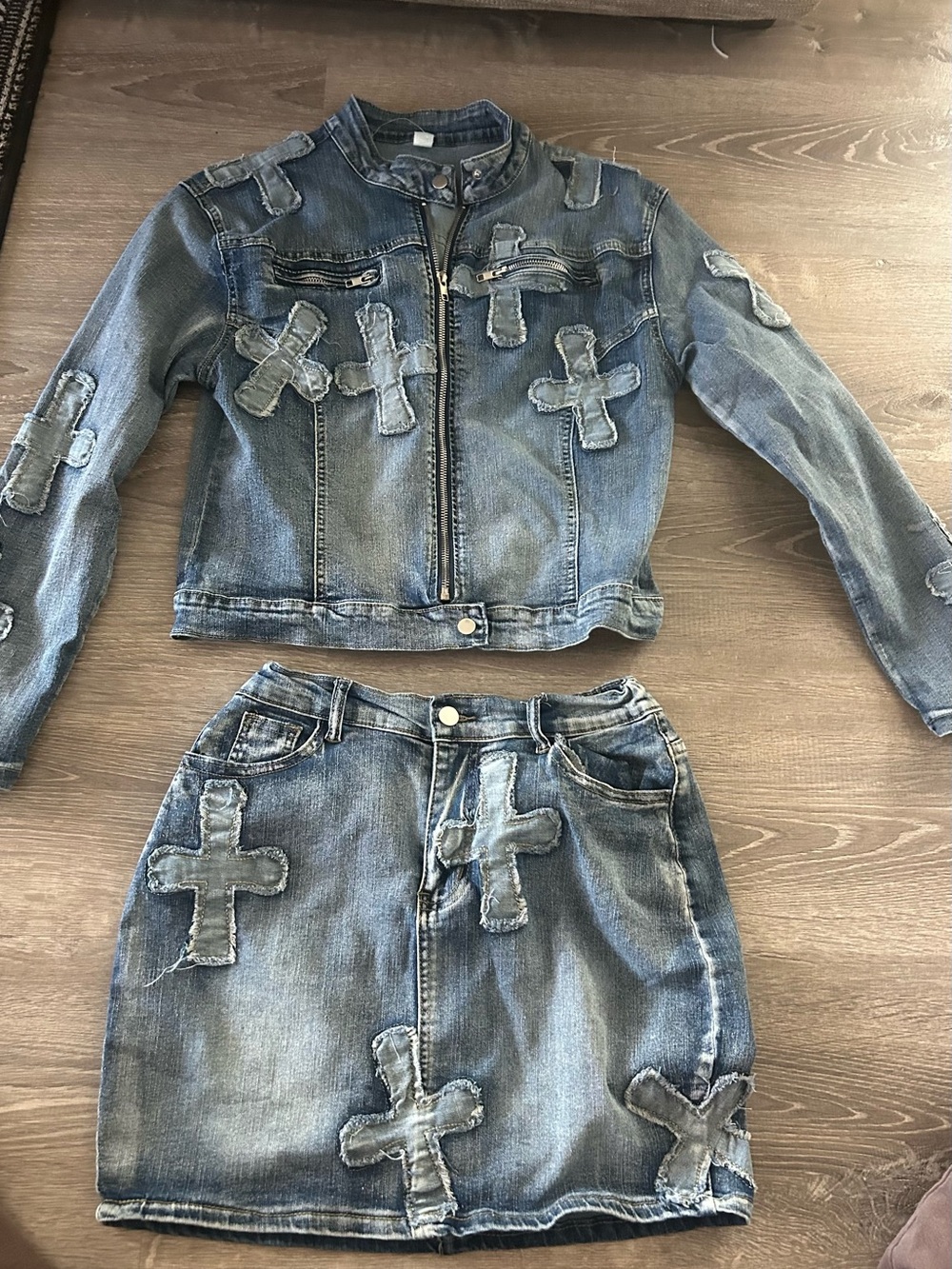' Blue Denim Jacket & Skirt Set with Patch Cross Details